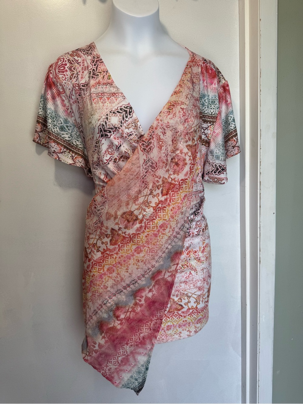 ONE WORLD Pink & Cream Floral Wrap Dress